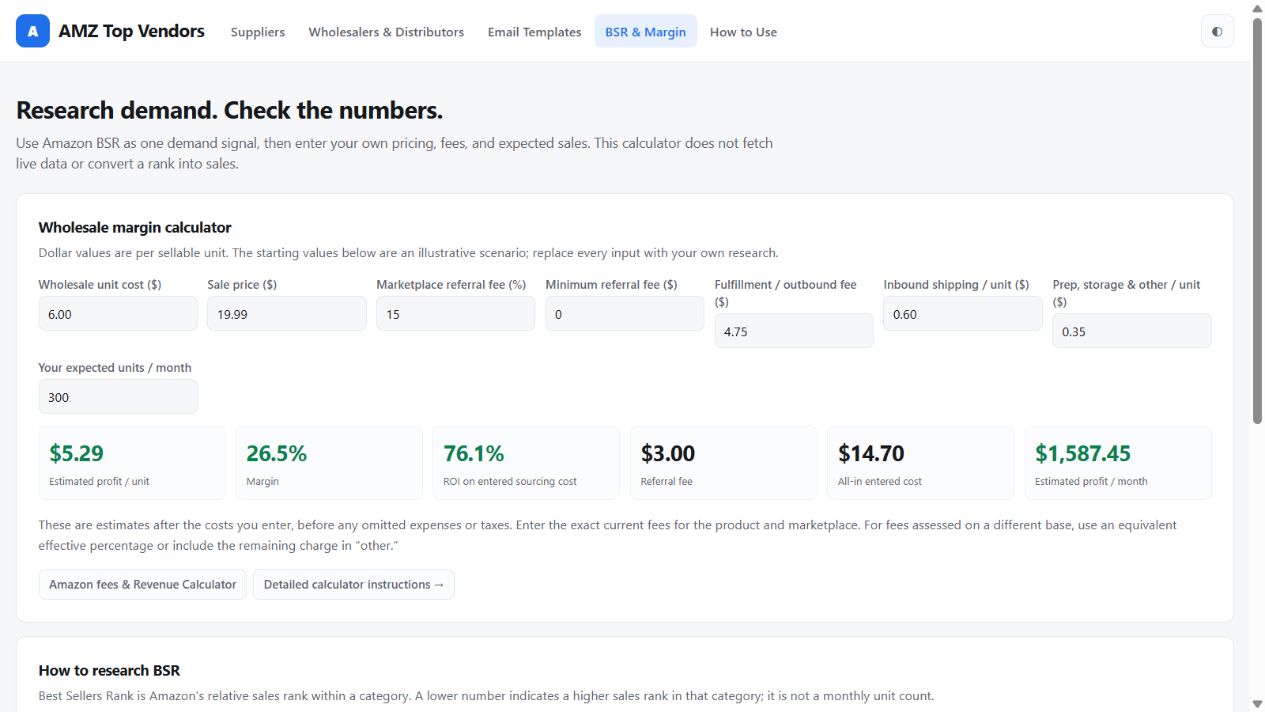 Actual AMZ Top Vendors margin calculator showing an illustrative input scenario